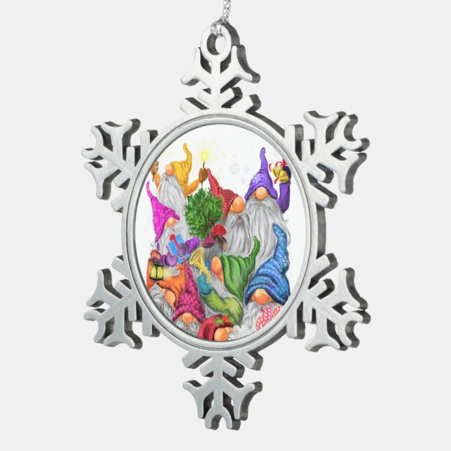 Weihnachts-Weihnachtsgeschenk Gnome Cartoon Schneeflocken Zinn-Ornament (Rechts)