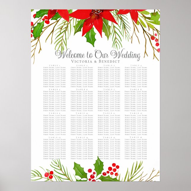 Weihnachts-Weihnachtsgeschenk Poinsettia Sitzplan Poster (Vorne)
