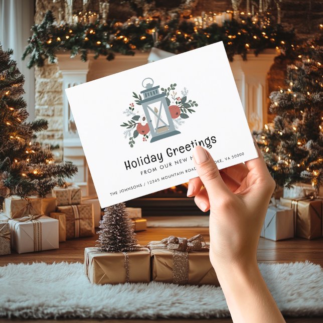 Weihnachts-Weihnachtsgrüße Neue Zuhause Ankündigungspostkarte (Christmas Lantern Holiday Greetings from Our New Home Moving Announcement Postcard)