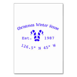 Weihnachts-Weihnachtshaus blaue Süßspeisen. Jahr Tischnummer