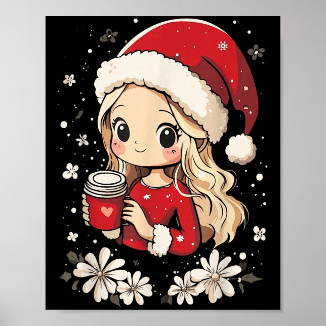 Weihnachts-Weihnachtskaffee Blume Kinder Santa Wom Poster (Vorne)