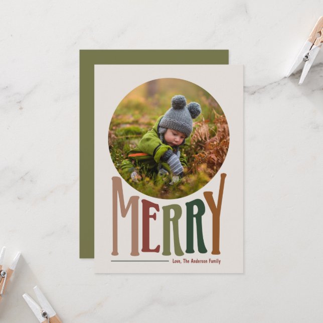 Weihnachts-Weihnachtskarte Merry und Retro (Vorderseite/Rückseite Beispiel)