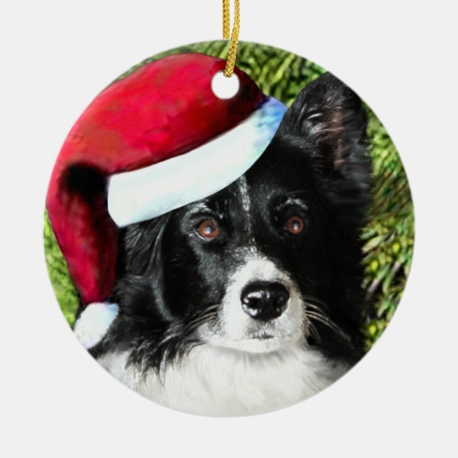 Weihnachts-Weihnachtsmannmütze Border Collie Ornam Keramik Ornament (Vorne)