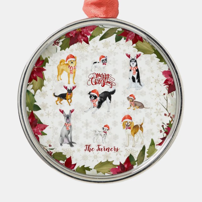 Weihnachts-Weihnachtsmannmütze Hunde Poinsettia Mo Ornament Aus Metall (Vorne)
