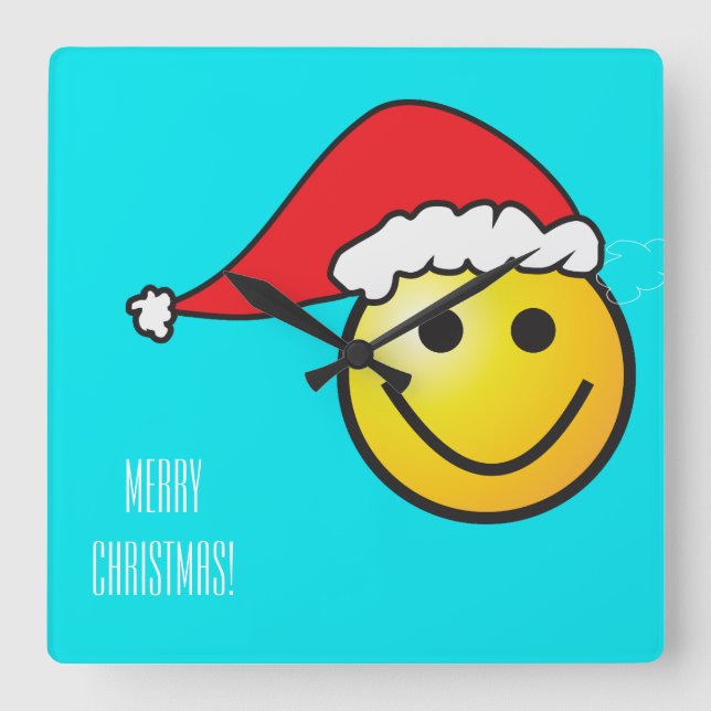 Weihnachts-Weihnachtsmannmütze Türkis Happy Clock Quadratische Wanduhr (Vorderseite)
