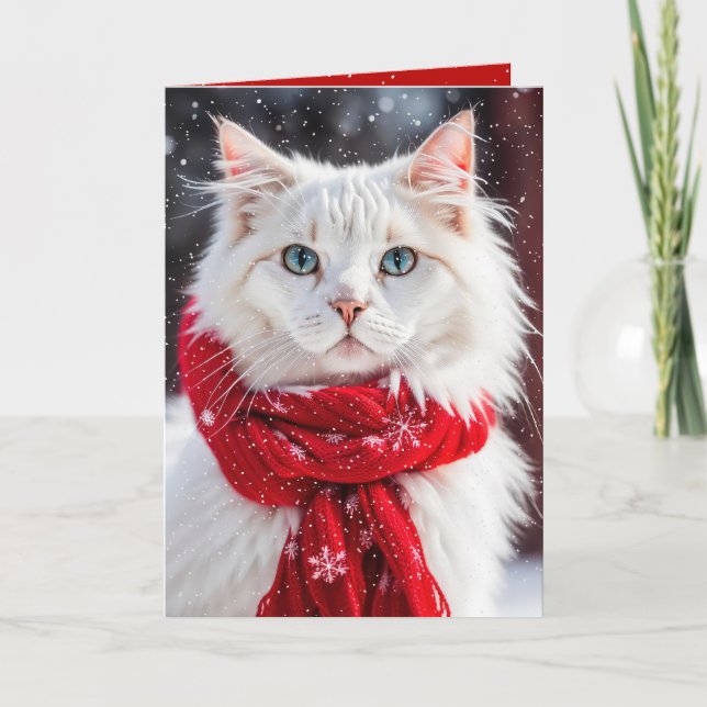 Weihnachts-Weißkatze mit rotem Scarf Karte (Vorderseite)