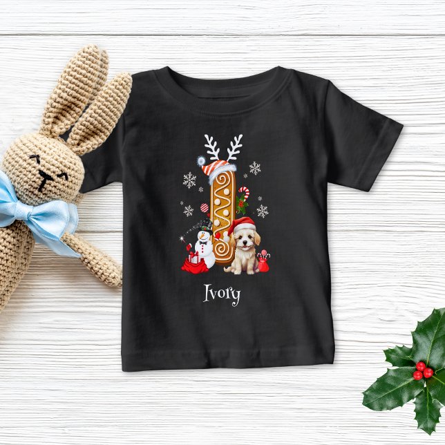 Weihnachts Welpe Gingerbret Name Letter I Boy Baby T-shirt (Von Creator hochgeladen)