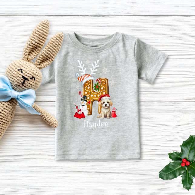 Weihnachts Welpe Gingerbrett Name Letter H Boy Baby T-shirt (Von Creator hochgeladen)