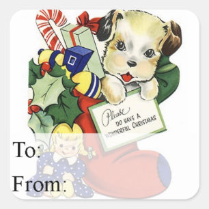 Weihnachts-Welpe im Strumpf - Geschenktag Quadratischer Aufkleber