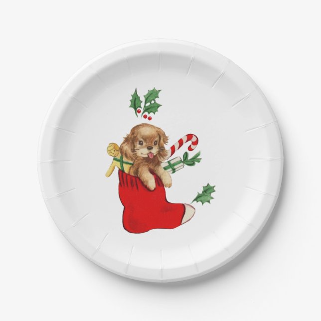 Weihnachts Welpe Retro Pappteller (Vorderseite)