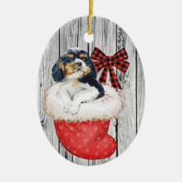 Weihnachts Welpe Spaniel im Strumpf auf Holz Keramik Ornament