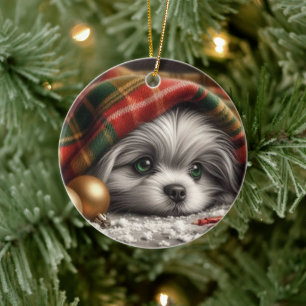 Weihnachts Welpe - traurige Augen Keramik Ornament