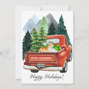 Weihnachts-Welsh-Corgi und Vintage-LKW Aquarell  Feiertagskarte