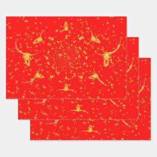 Weihnachts-Western Glitzer Red Gold Giro Kuh Skull Geschenkpapier Set