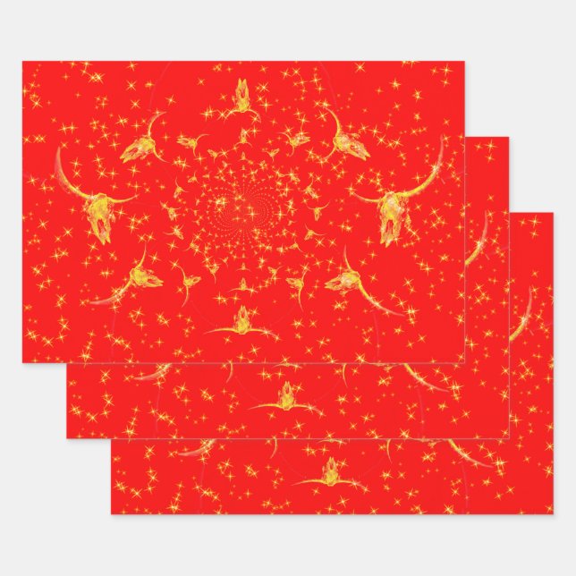 Weihnachts-Western Glitzer Red Gold Giro Kuh Skull Geschenkpapier Set (Set)