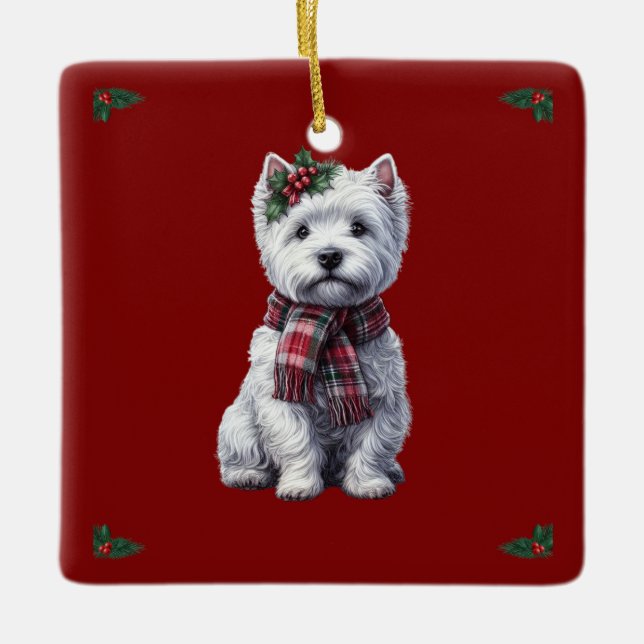 Weihnachts-Westie mit heiligen Ornamenten. Keramikornament (Vorderseite)