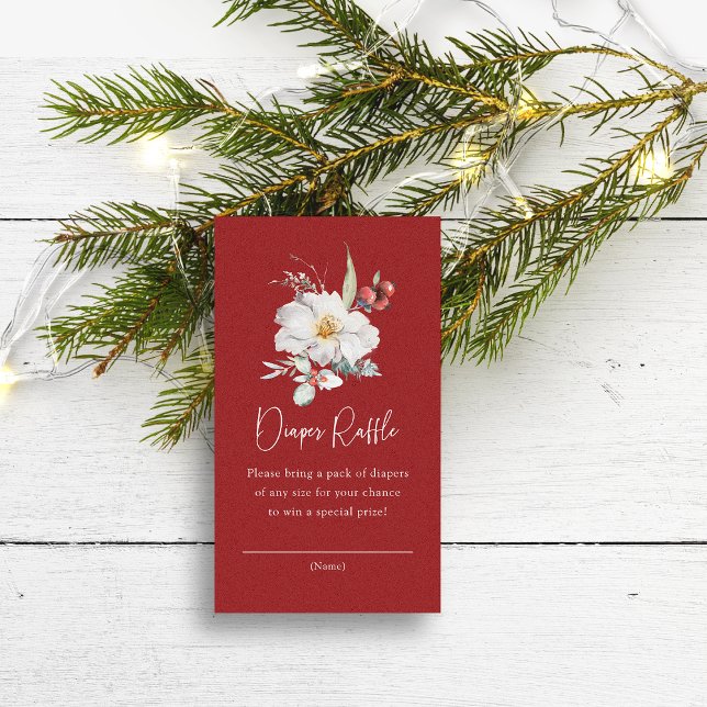 Weihnachts-Windeln-Umschließungskarten Begleitkarte (Red Baby Shower Diaper Raffle Watercolor Floral Botanical Enclosure Card by Painted Paperie)