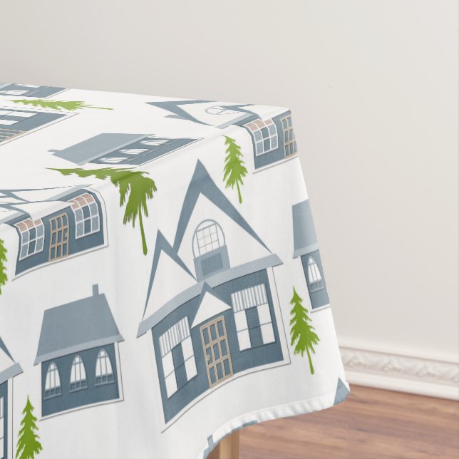 Weihnachts-Winter-Bild graue Häuser grüne Bäume w Tischdecke (Beispiel)