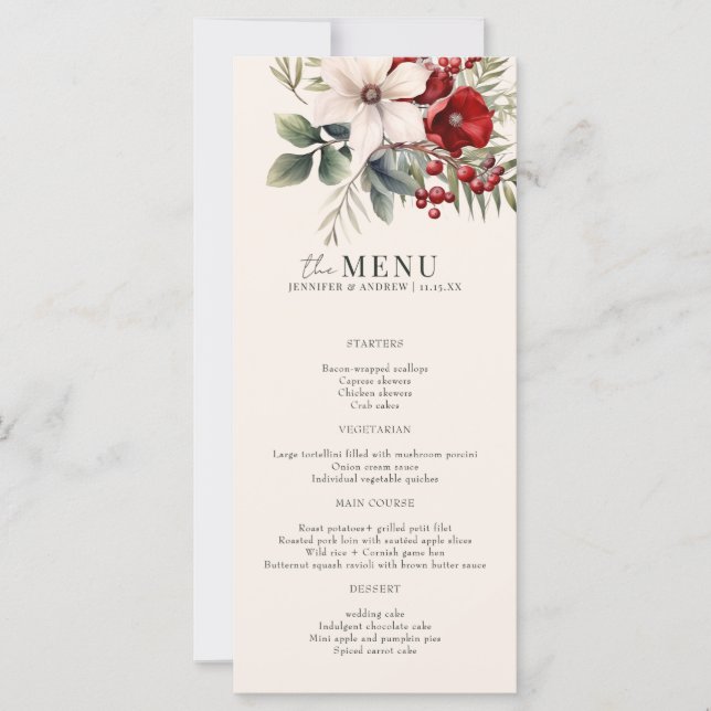 Weihnachts-Winter-Blumen-Hochzeitsmenü elegant (Vorderseite)
