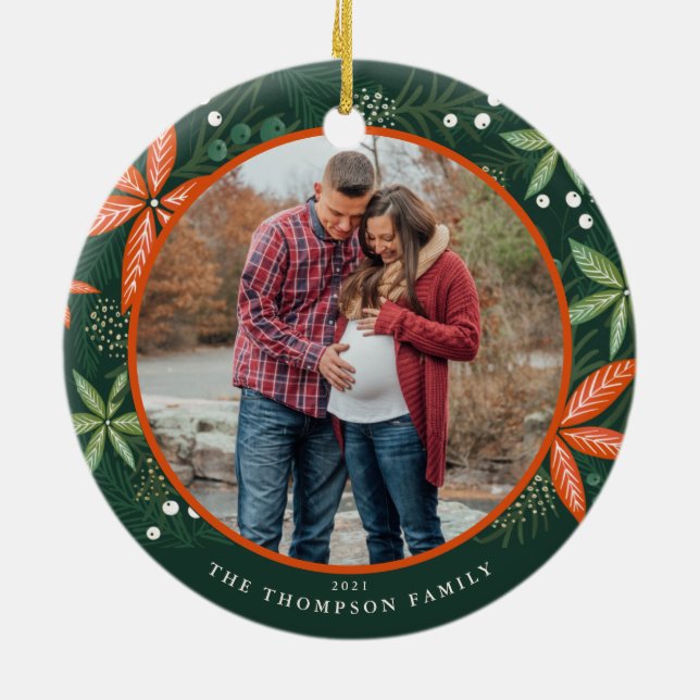 Weihnachts Winter Botanicals Green Holiday Foto Keramik Ornament (Hinten)