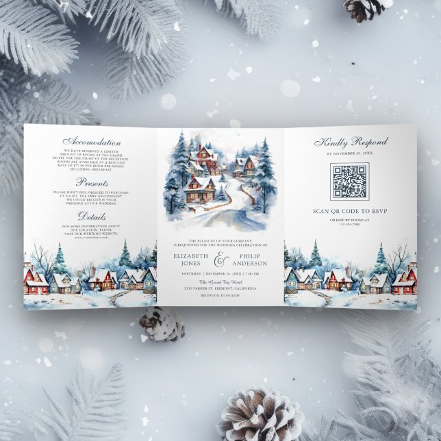 Weihnachts-Winter-Dorf QR Code Hochzeit Dreifach Gefaltete Einladung (Von Creator hochgeladen)
