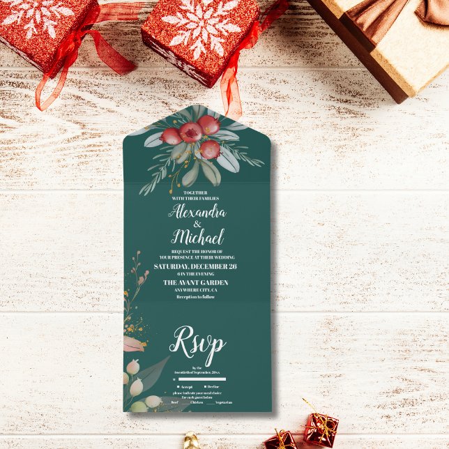 Weihnachts-Winter-Grün Hochzeit All In One Einladung (Von Creator hochgeladen)