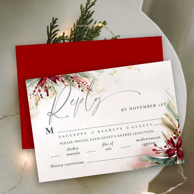 Weihnachts Winter Grün Roter Bow Meetings Hochzeit (winter wedding christmas bow greenery berries watercolor rsvp card meal choice elegant modern)