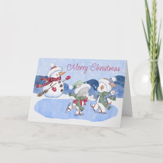 Weihnachts Winter Hund Katze Snowman Weihnachtskar Dankeskarte (Vorderseite)