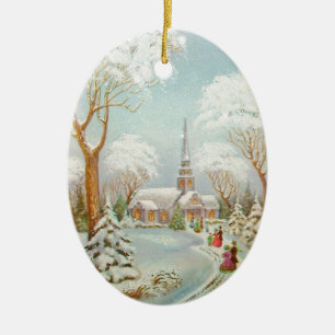 Weihnachts-Winter-Kirchenlandschaft Keramikornament