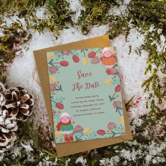 Weihnachts-Winter-Lamm-Blumenrand-Illustration Save The Date (Von Creator hochgeladen)
