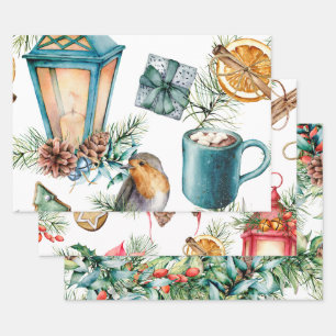 Weihnachts Winter Lanterns Holly 3 Designs Geschenkpapier Set
