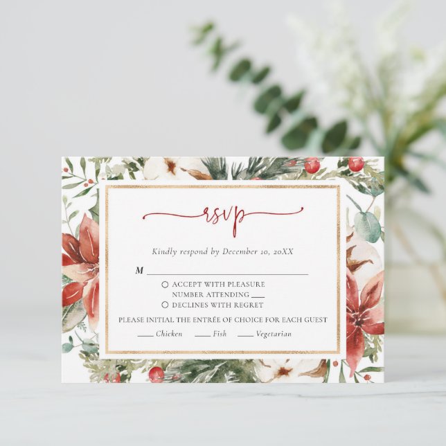 Weihnachts Winter Red Green Gold Wedding RSVP Card (Stehend Vorderseite)