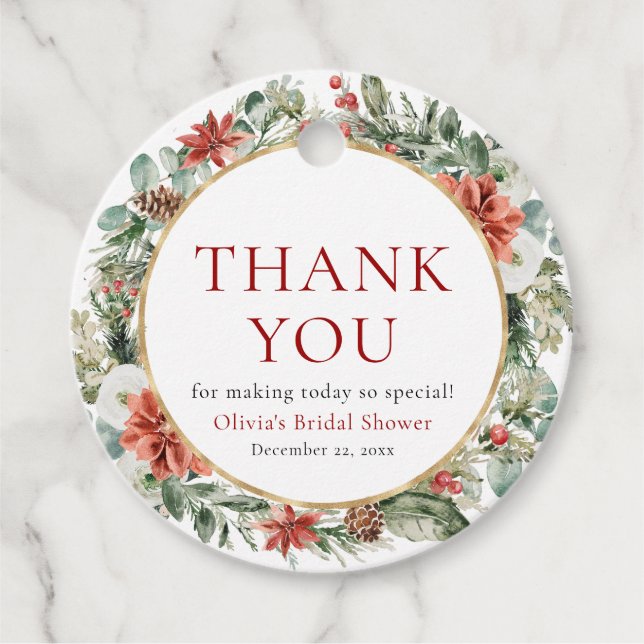 Weihnachts-Winter-Rotes Gold-Brautparty Geschenkanhänger (Vorderseite)