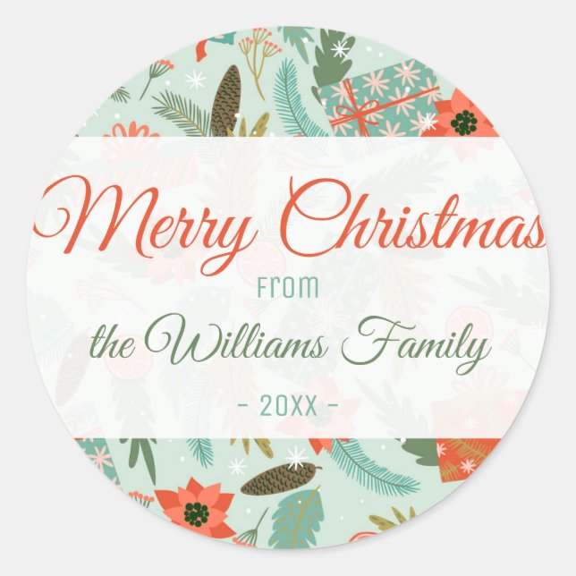 Weihnachts Winter Thema Sage Green Red Poinsettia Runder Aufkleber (Vorderseite)