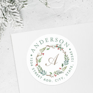 Weihnachts-Winterbeeren-Kranz-Monogramm-Adresse Runder Aufkleber