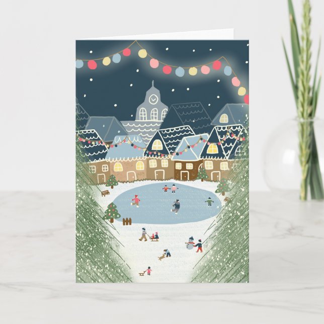 Weihnachts-Winterdorf Illustriert Karte (Vorderseite)
