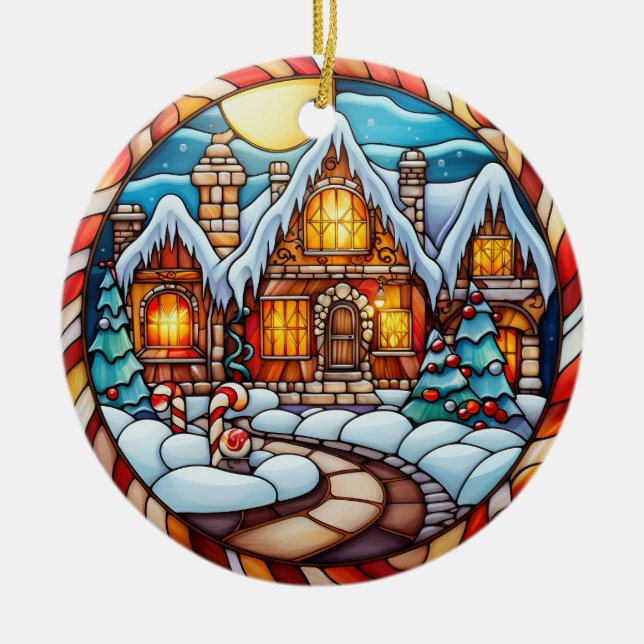 Weihnachts-Winterhaus Buntglas-Stil Keramik Ornament (Vorne)