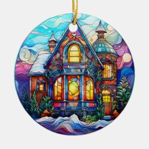 Weihnachts-Winterhaus Buntglas-Stil Keramik Ornament