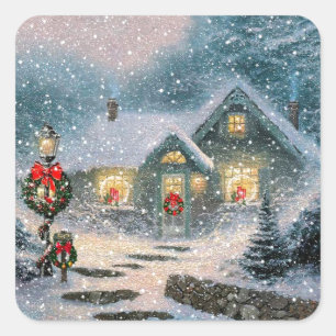 Weihnachts-Winterhäuschen Quadratischer Aufkleber