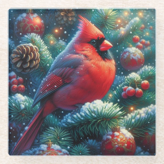 Weihnachts-/Winterkardinal  Glasuntersetzer (Vorderseite)
