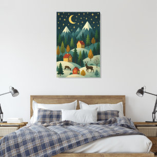 Weihnachts-Winternachtlandschaft Gemütlicher Ber Leinwanddruck