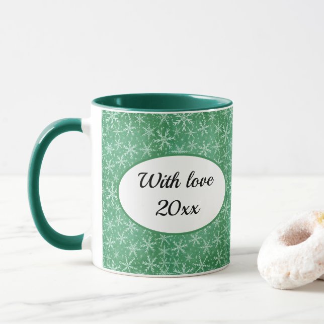 Weihnachts-Winterschnee Fallendes grünes Foto Tasse (Mit Donut)