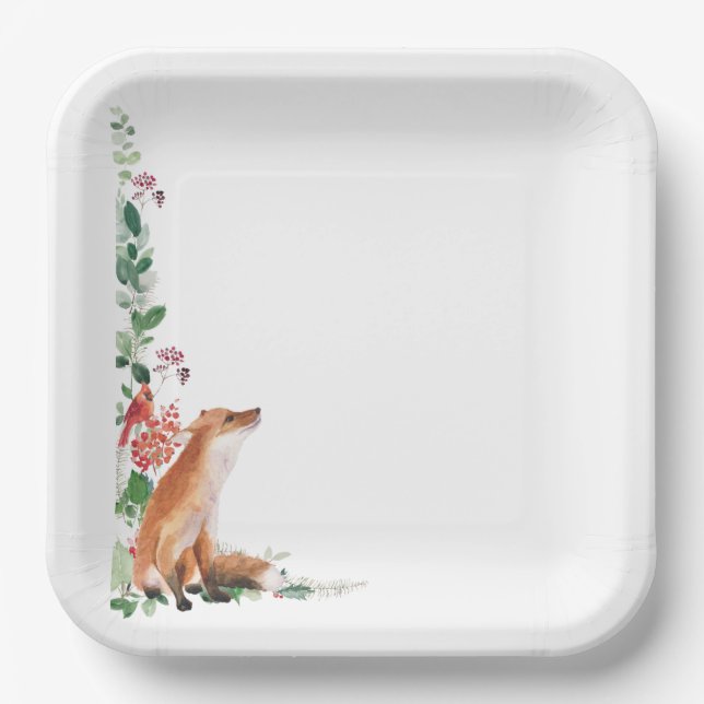 Weihnachts Winterurlaub Fuchs Roter Kardinal Pappteller (Vorderseite)