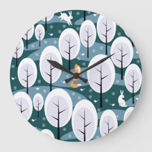 Weihnachts-Winterwald: Tiere Nahtloses Muster Große Wanduhr