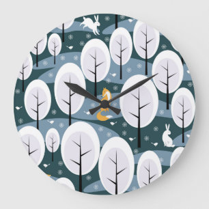 Weihnachts-Winterwald: Tiere Nahtloses Muster Große Wanduhr