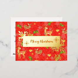 Weihnachts Woodland Rot. Personalisiert.Gold. Folien Feiertagspostkarte