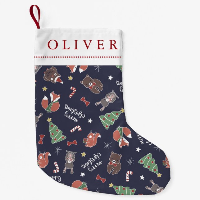 Weihnachts-Woodland-Tiere Individuelle Name Kleiner Weihnachtsstrumpf (Vorderseite)