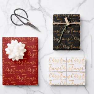 Weihnachts-Wortkunst auf Rot, Schwarz und Weiß Geschenkpapier Set