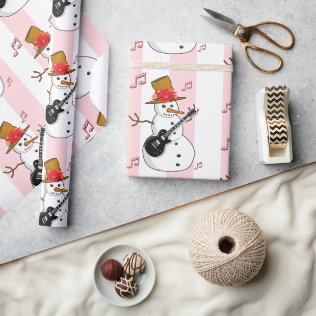 Weihnachts-Wrapping Pink & White Strip Schneemann Geschenkpapier (Kunsthandwerk)