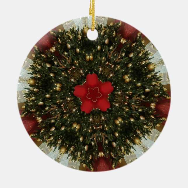 Weihnachts-Wreath-Green-Gold mit Red Star Keramik Ornament (Hinten)